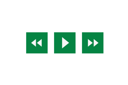 Three icons symbolising fast forward, play and rewind all in Green Squares