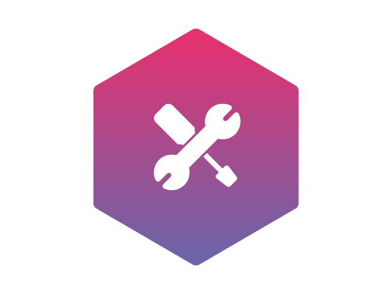 Icon of a set of tools, inside and purple and pink hexagon