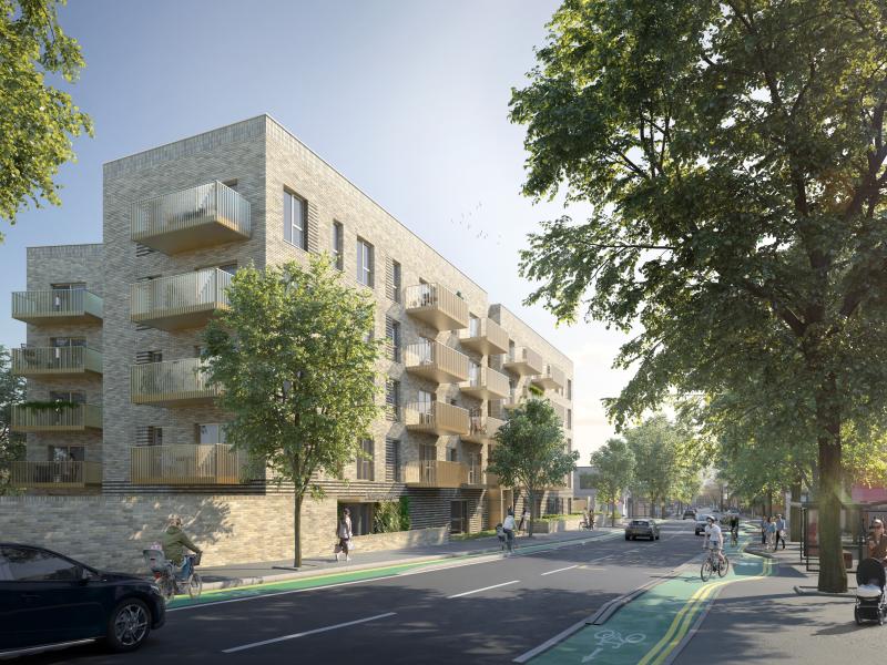 An illustration of the Chorlton Baths development against a blue sky, bracketed by trees