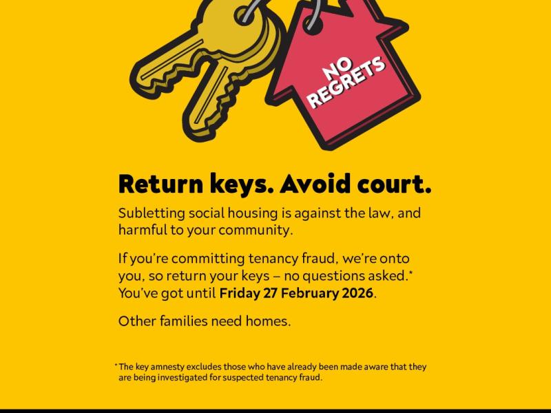 A graphic from Manchester City Council informing residents who are subletting social housing that they have until Feburary 27 2026 to return keys to their housing provider. This does not include residents currently being investigated for suspected tenancy fraud.