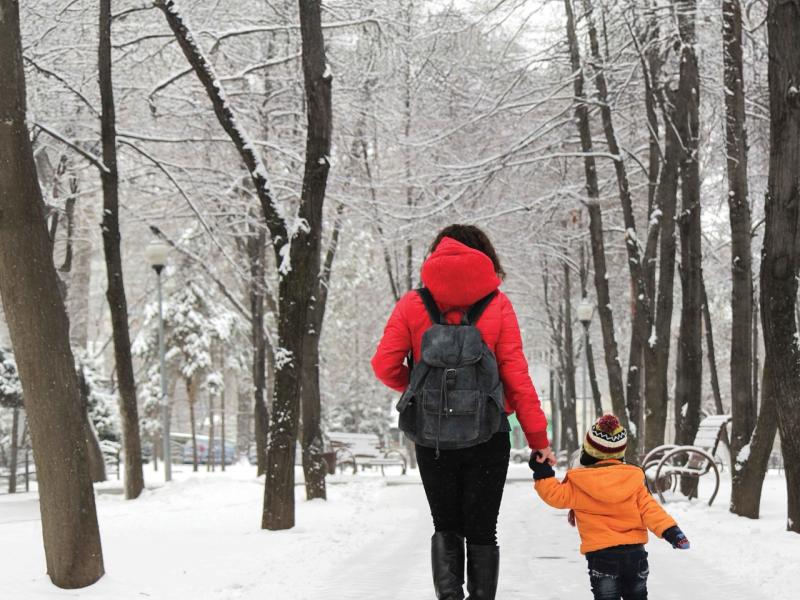 An adult and a child wearing winter clothing walking through a snowy forest